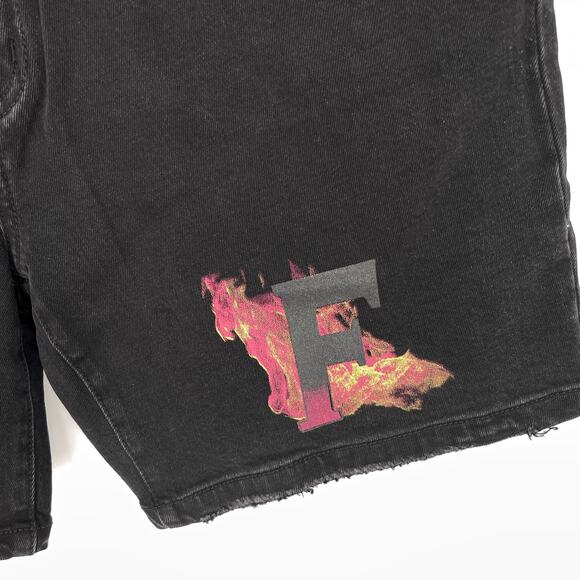 Homme + Femme NEW Distressed Flames Logo Jean Shorts Mens Sz 36 Black Stretch - Picture 4 of 10